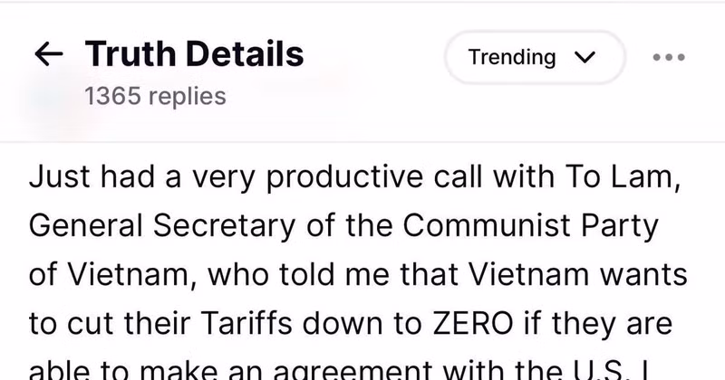 美国总统唐纳德·特朗普在社交网络“真实社交”（Truth Social）上发布与越共中央总书记苏林通电话消息的截图。（图片来源：越通社）