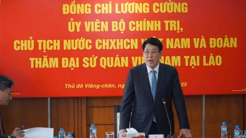 越南国家主席梁强发表讲话。