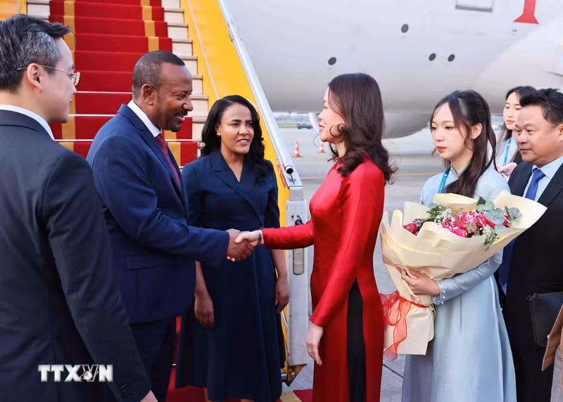 埃塞俄比亚总理阿比·艾哈迈德·阿里和夫人抵达河内内排机场。（图片来源：越通社）