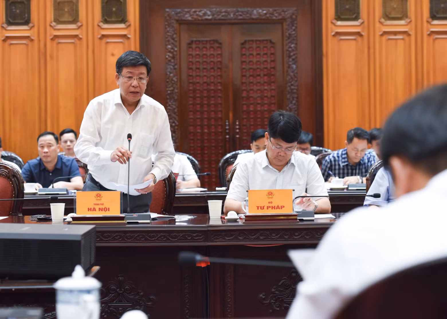河内市人民委员会副主席杨德俊发表讲话。