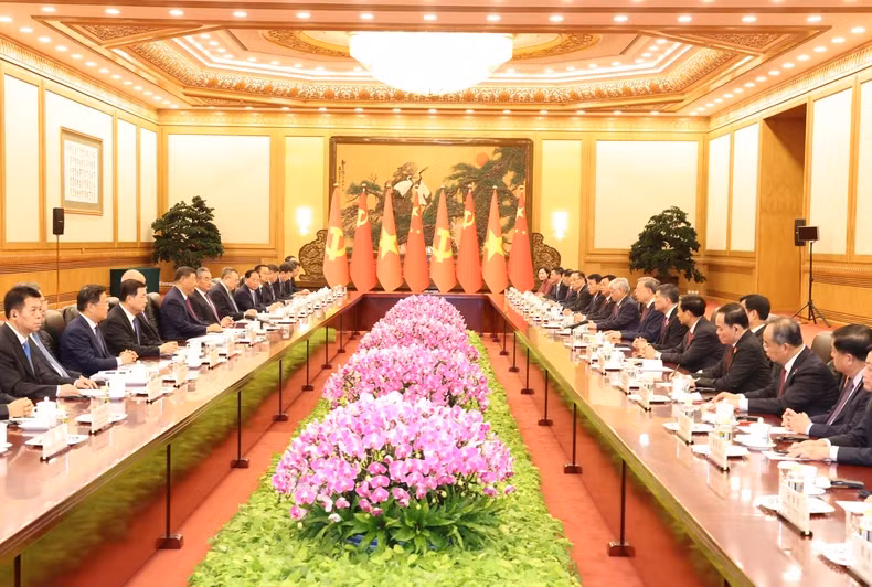 越共中央总书记、越南国家主席苏林同中共中央总书记、中国国家主席习近平举行会谈。（图片来源：越通社）