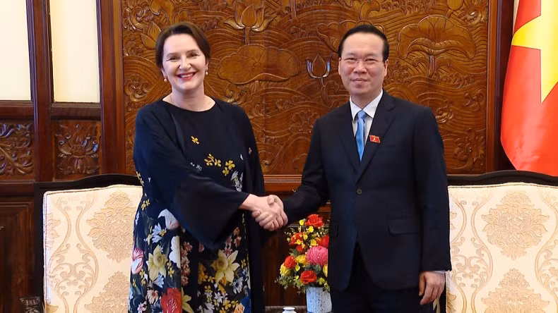 越南国家主席武文赏和斯洛文尼亚大使阿伦卡·苏哈东尼克。