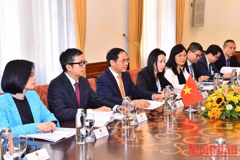 出席会谈的越南外交部部长裴青山和外交部干部、职员。