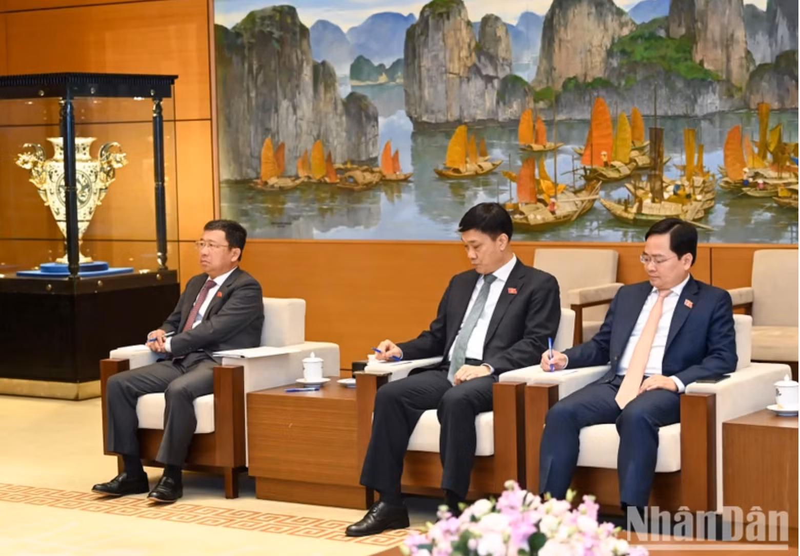 越南国会对外委员会主任武海河，国会经济委员会主任武鸿青，北宁省委书记、青年国会代表小组组长阮英俊出席会见。
