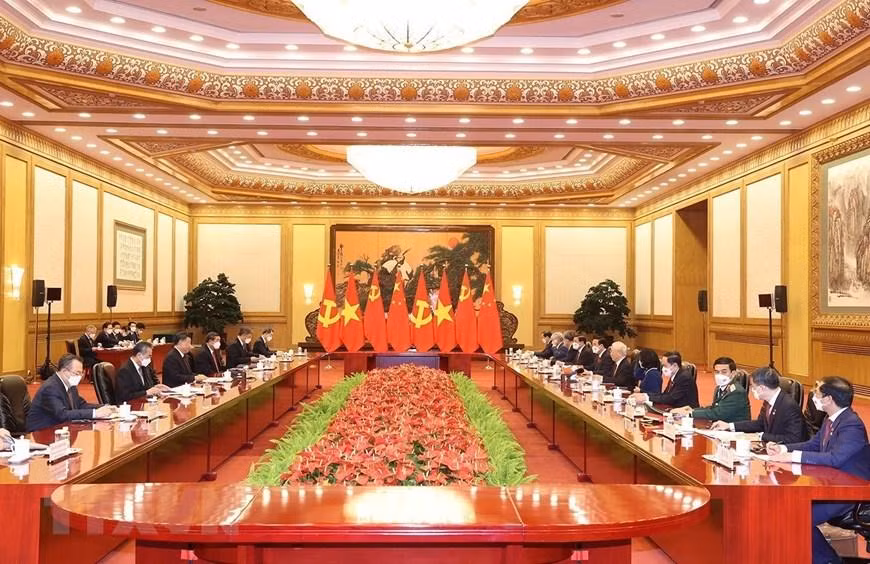 越共中央总书记阮富仲同中共中央总书记、中国国家主席习近平举行会谈。（图片来源：越通社）