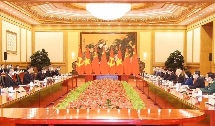 越共中央总书记阮富仲同中共中央总书记、中国国家主席习近平举行会谈。（图片来源：越通社）