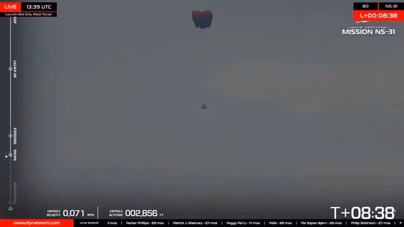在太空停留约8分钟后，搭载宇航员的舱体开始打开降落伞准备着陆。