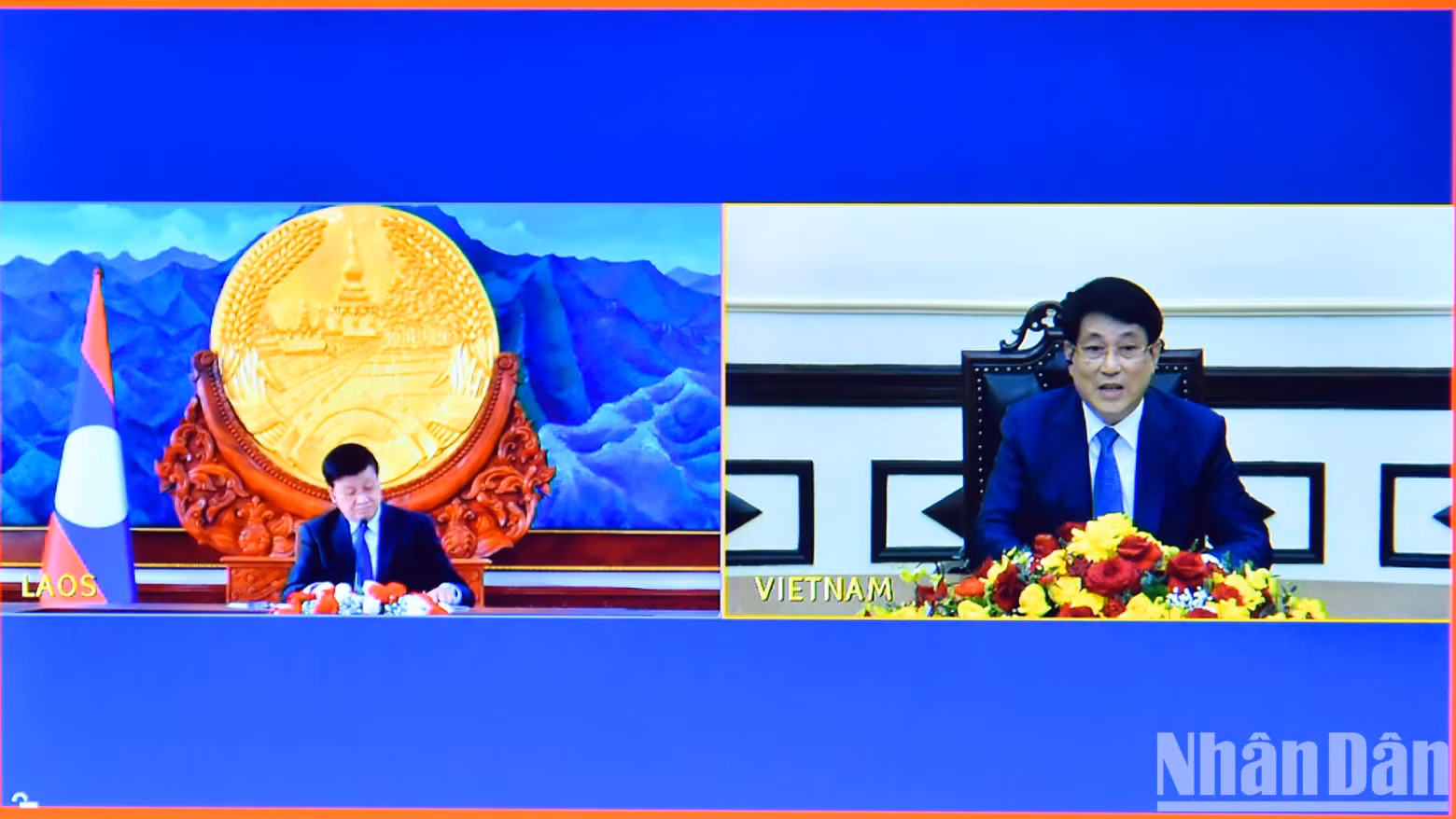 越南国家主席梁强与老挝人民革命党总书记、国家主席通伦·西苏里举行视频会谈。