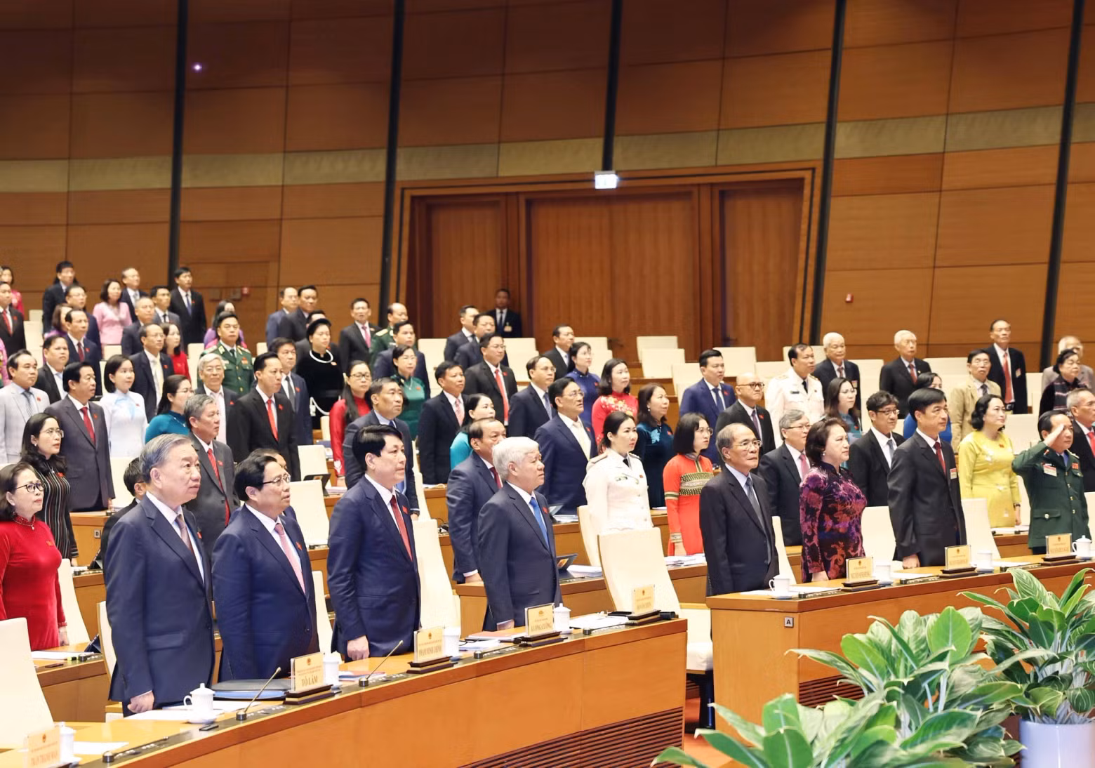 党和国家领导及与会代表向国旗敬礼。（图片来源：越通社）