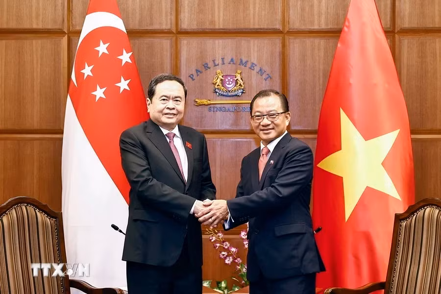 越南国会主席陈青敏和新加坡国会议长谢健平合影。