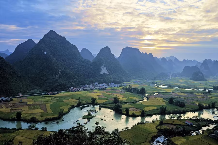 清晨的阳光下的峰南乡稻田。