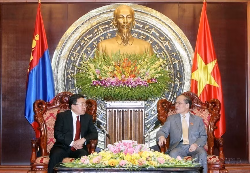 越南国会主席阮生雄会见对越南进行国事访问的蒙古国总统额勒贝格道尔吉（2013年）。