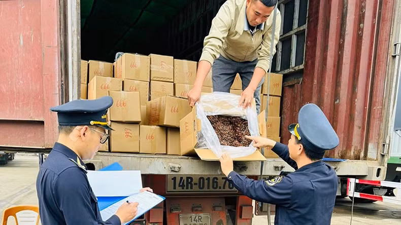 广宁省平辽县横模口岸海关分局在清关前对进出口货物进行检查。(图片来源:梁光寿 摄) 广宁省平辽县横模口岸海关分局在清关前对进出口货物进行检查。(图片来源:梁光寿 摄)