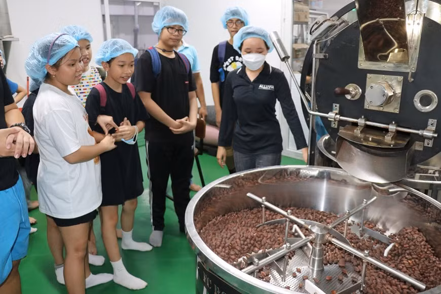 小朋友们倾听关于用于生产巧克力的可可豆烘焙过程的介绍。