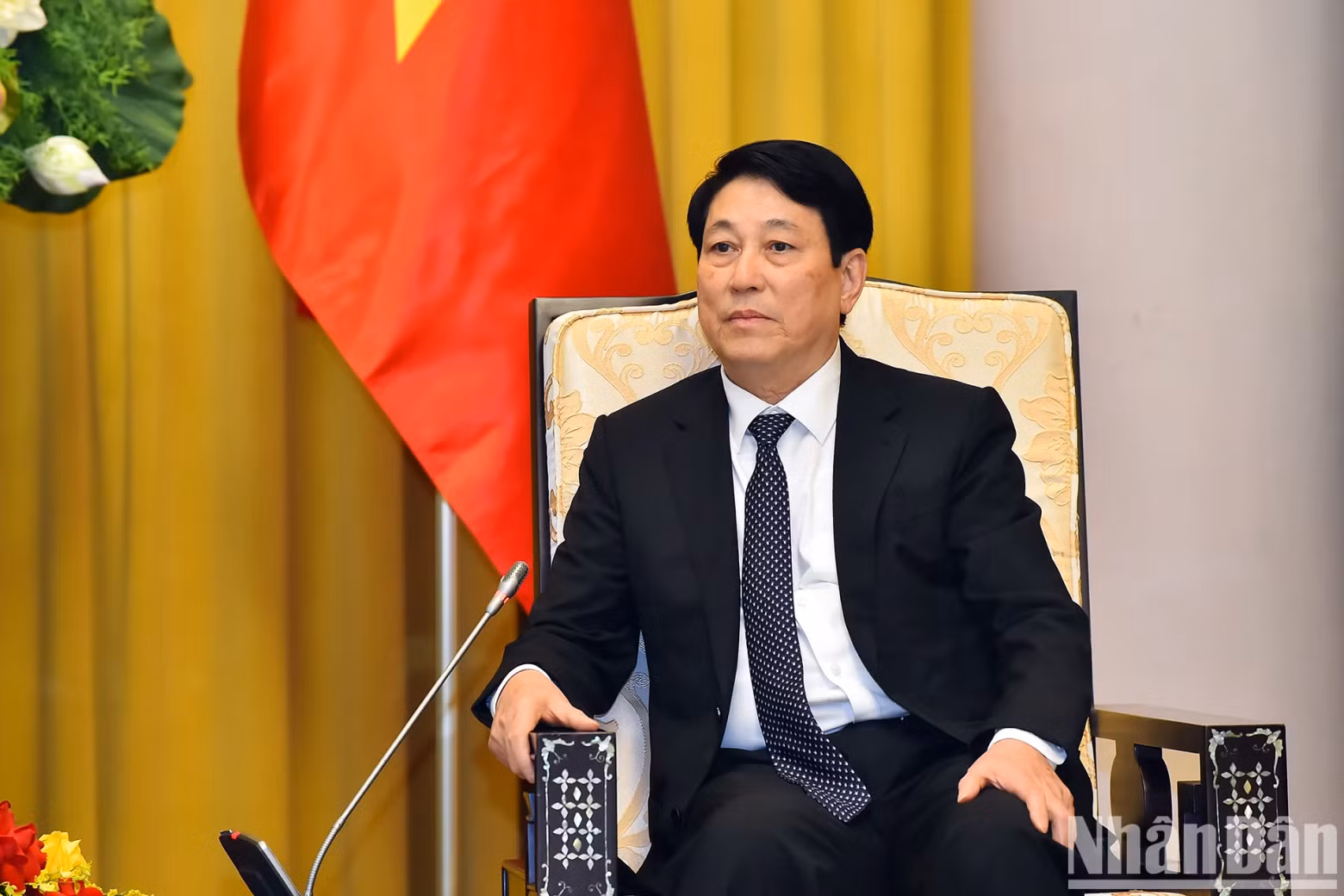 越南国家主席梁强发表讲话。