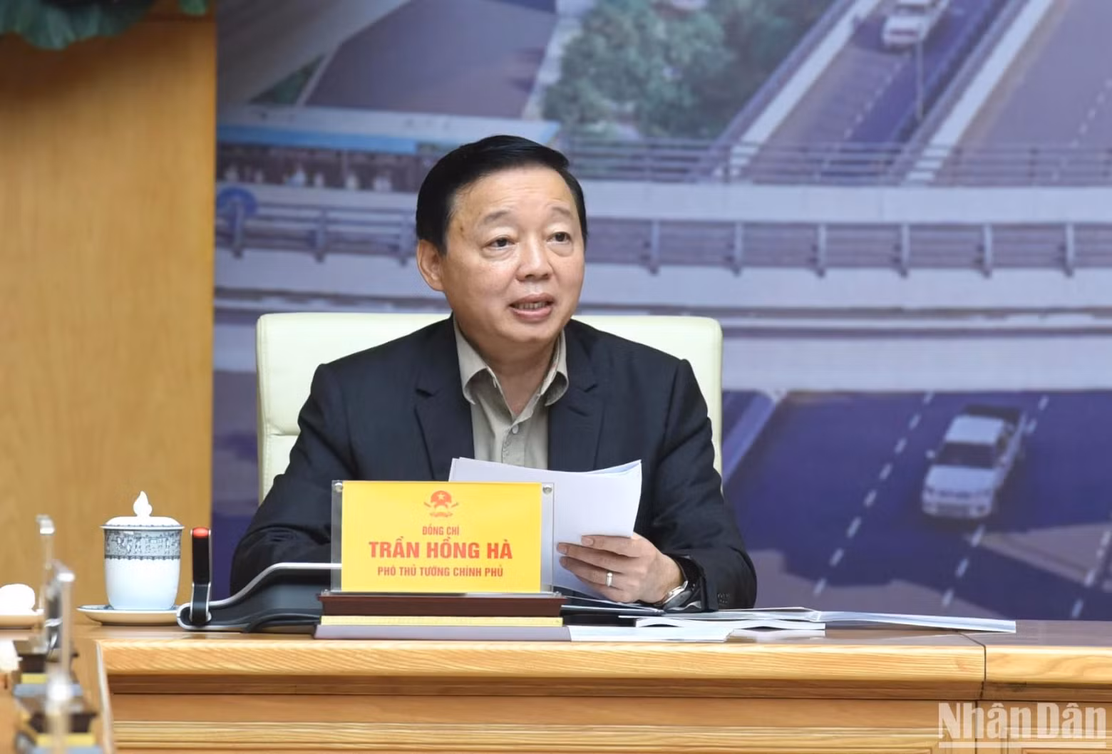 越南政府副总理陈红河在会议上发表讲话。