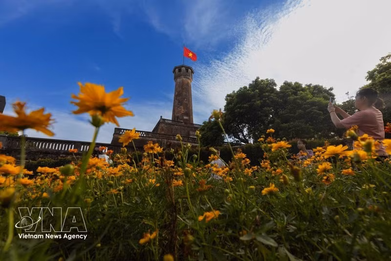 越南国旗在河内旗台上飘扬。（图片来源：越通社）