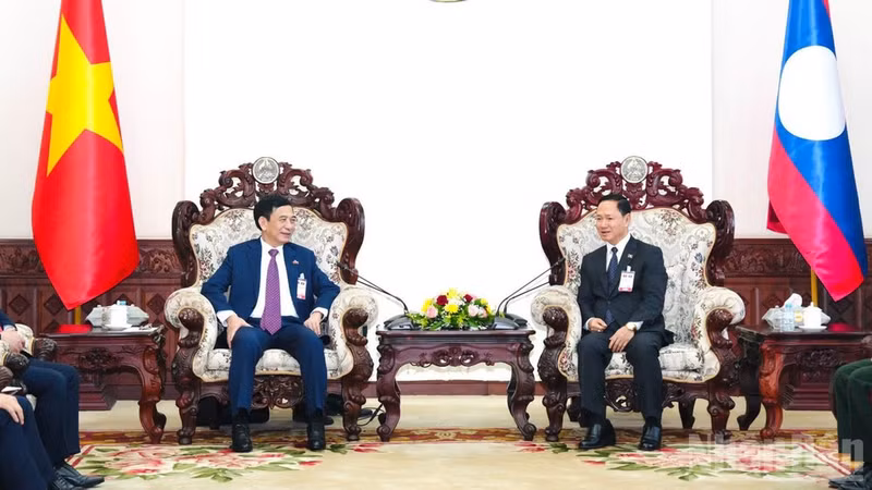 越南国防部长潘文江大将会见老挝国防部长坎良·乌塔凯松大将。（撰稿人供图）