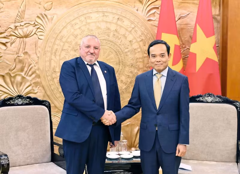 越共中央书记处书记、中央政策与战略部部长陈流光会见匈牙利社会党（MSZP）主席科姆亚蒂·伊姆莱（Komjáthi Imre）。（图片来源：越通社）