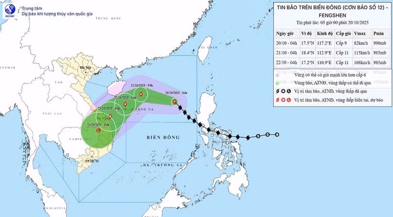 10月20日早晨5时，第12号台风的移动方向。（图片来源：越南国家气象水文预报中心）