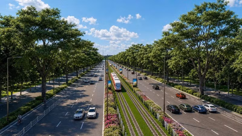轻轨线路沿ĐT.975省道运行，是富国岛正在同步推进的基础设施建设中的重要一环。（效果图：太阳集团供图）
