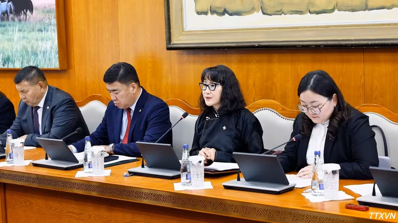 蒙越友好议员小组主席J·巴雅尔玛在会见中发表讲话。