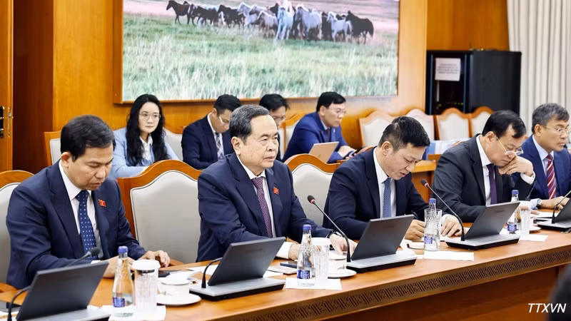 国会主席陈青敏在会见中发表讲话。