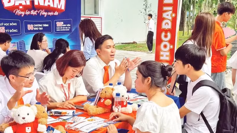 学生在大南大学招生咨询展位了解信息。（阮琼 摄）