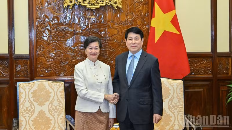 越南国家主席梁强会见柬埔寨驻越南大使谢金塔。