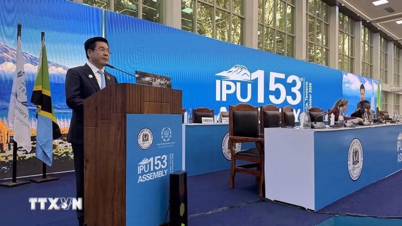 越共中央委员、国会副主席阮鸿延在各国议会联盟第153届大会高级别一般性辩论上发表讲话。（图片来源：越通社）
