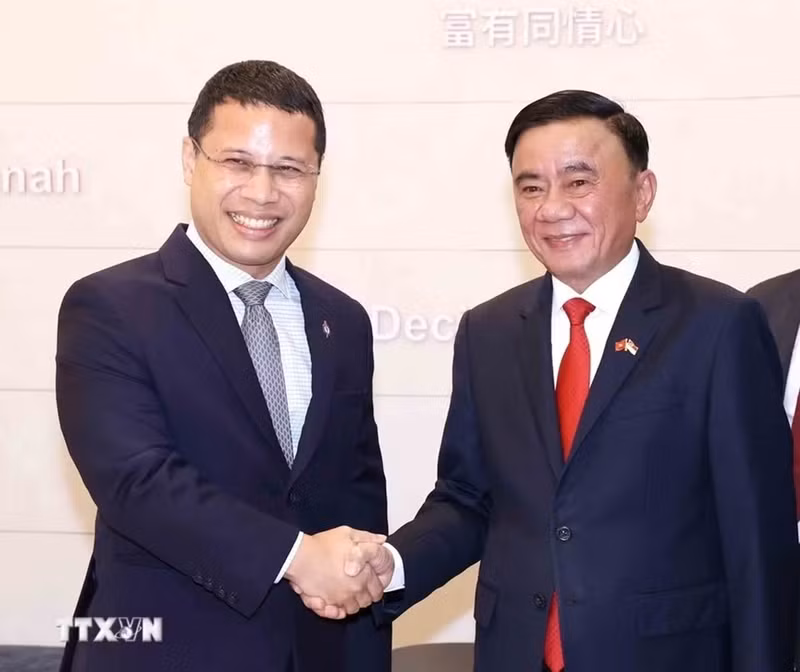 越共中央书记处常务书记陈锦秀和新加坡人民行动党主席、政府教育部长李智陞。（图片来源：越通社）